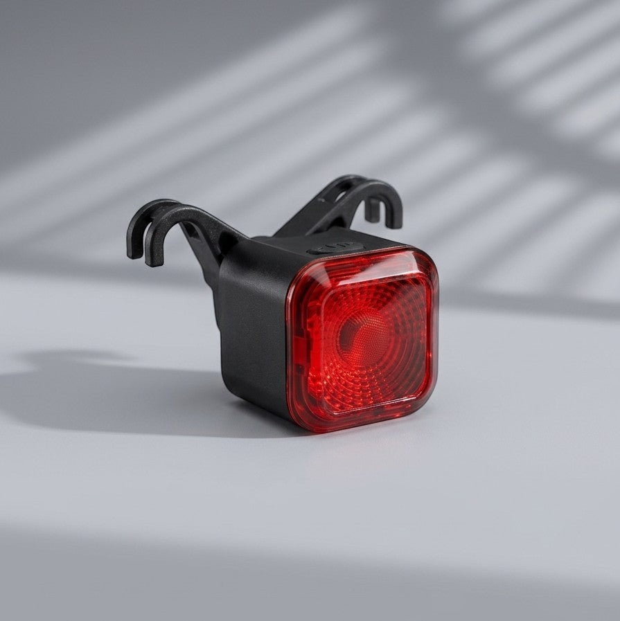 Luce posteriore ricaricabile smart store.pin.bike con sensore automatico, design compatto nero e lente rossa